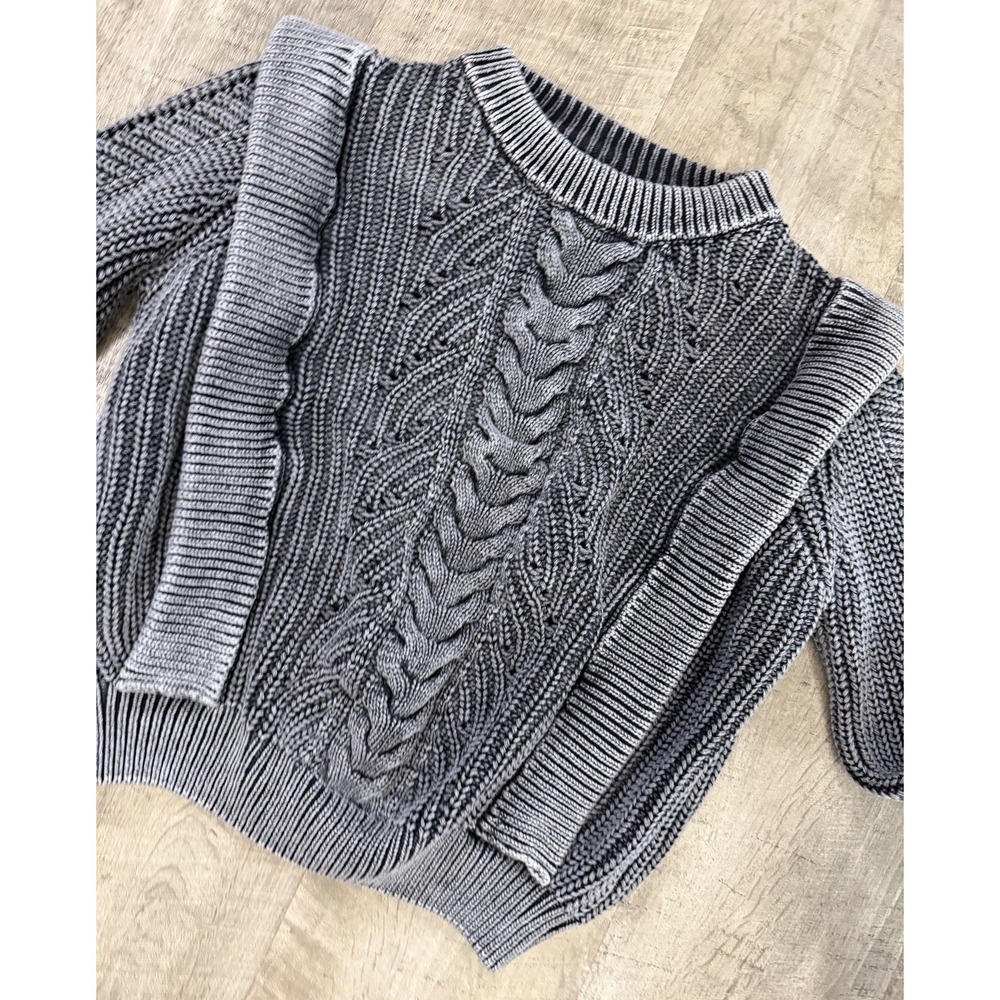 Evereve Gray Cable Knit Pullover Women's Sweater Shoulder Ruffle Large - Picture 2 of 5